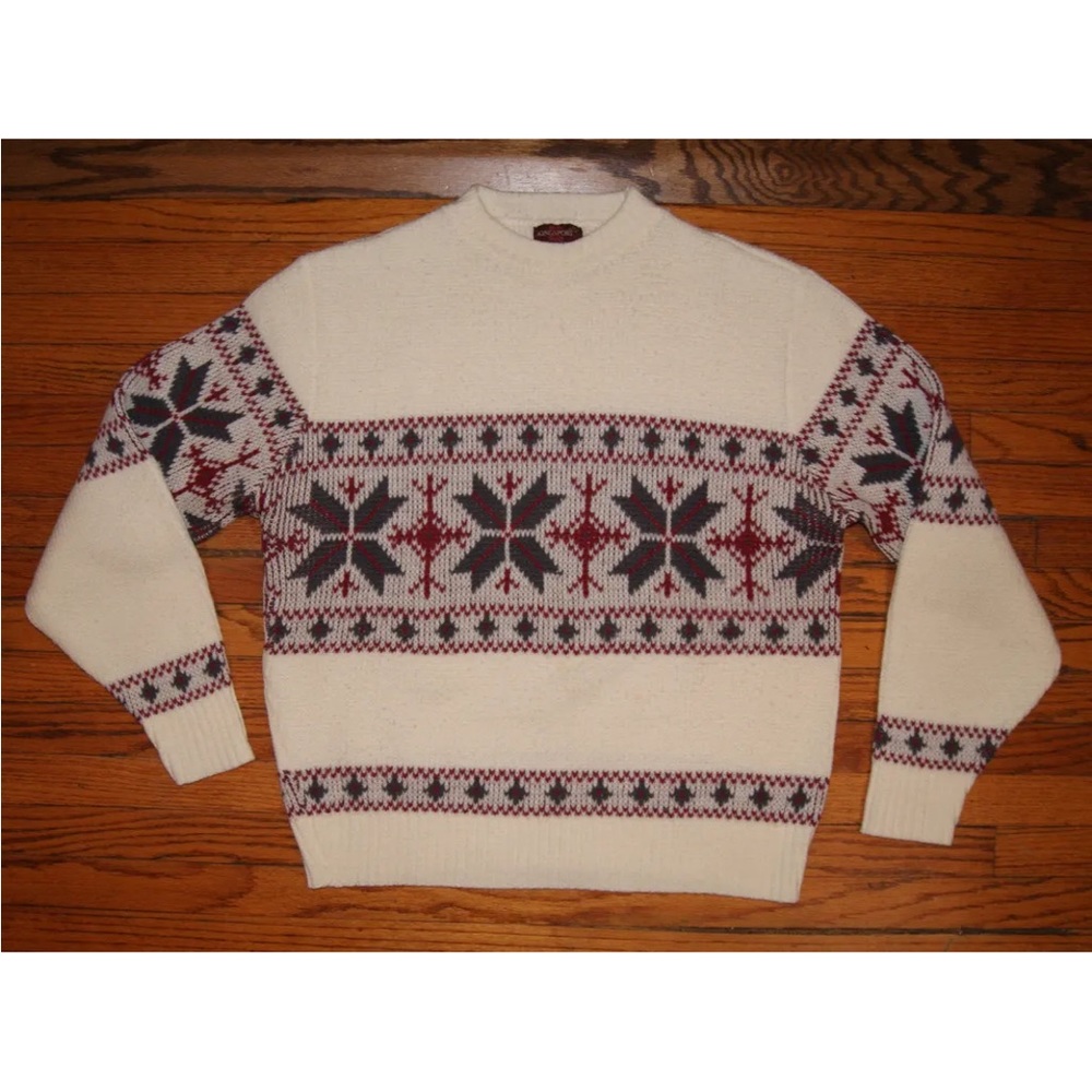 Men's Cream Crewneck Sweater with Red & Black Fair Isle Pattern